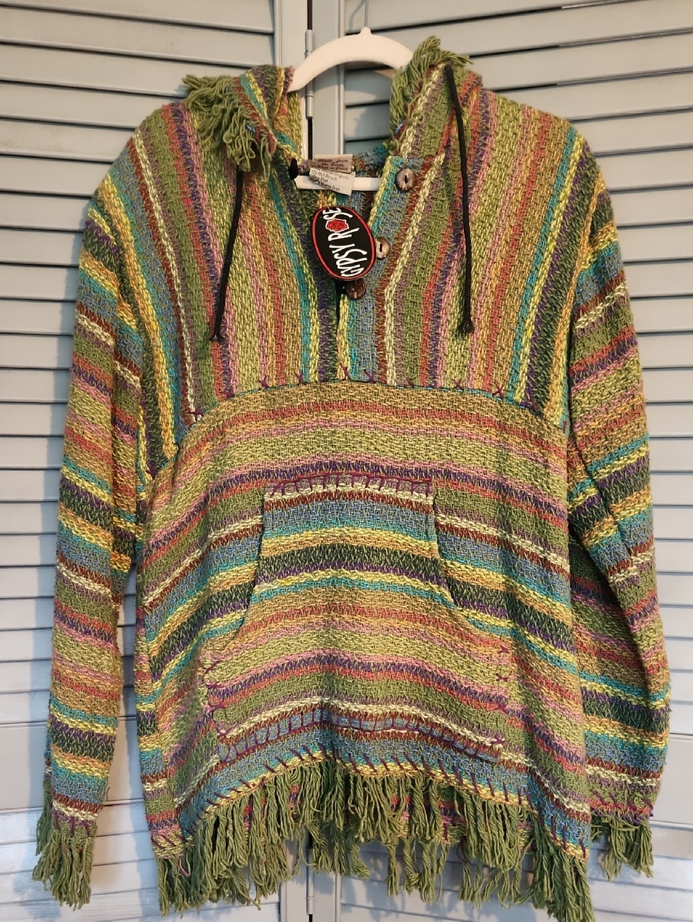 NWT Gypsy Rose Baja Hoodie Pullover Stripe Fringe  Retro Lounge 100% Cotton